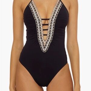 NWT Becca Swimwear Fiesta Black Plunge 1 Piece SZ MEDIUM RV $138